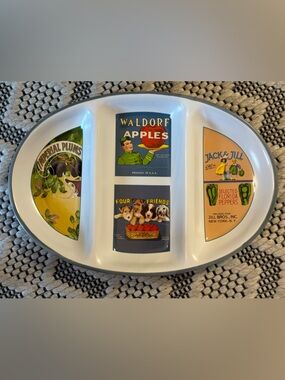 White Divided Serving Platter with Vintage Fruit & Label Graphics, NWOT